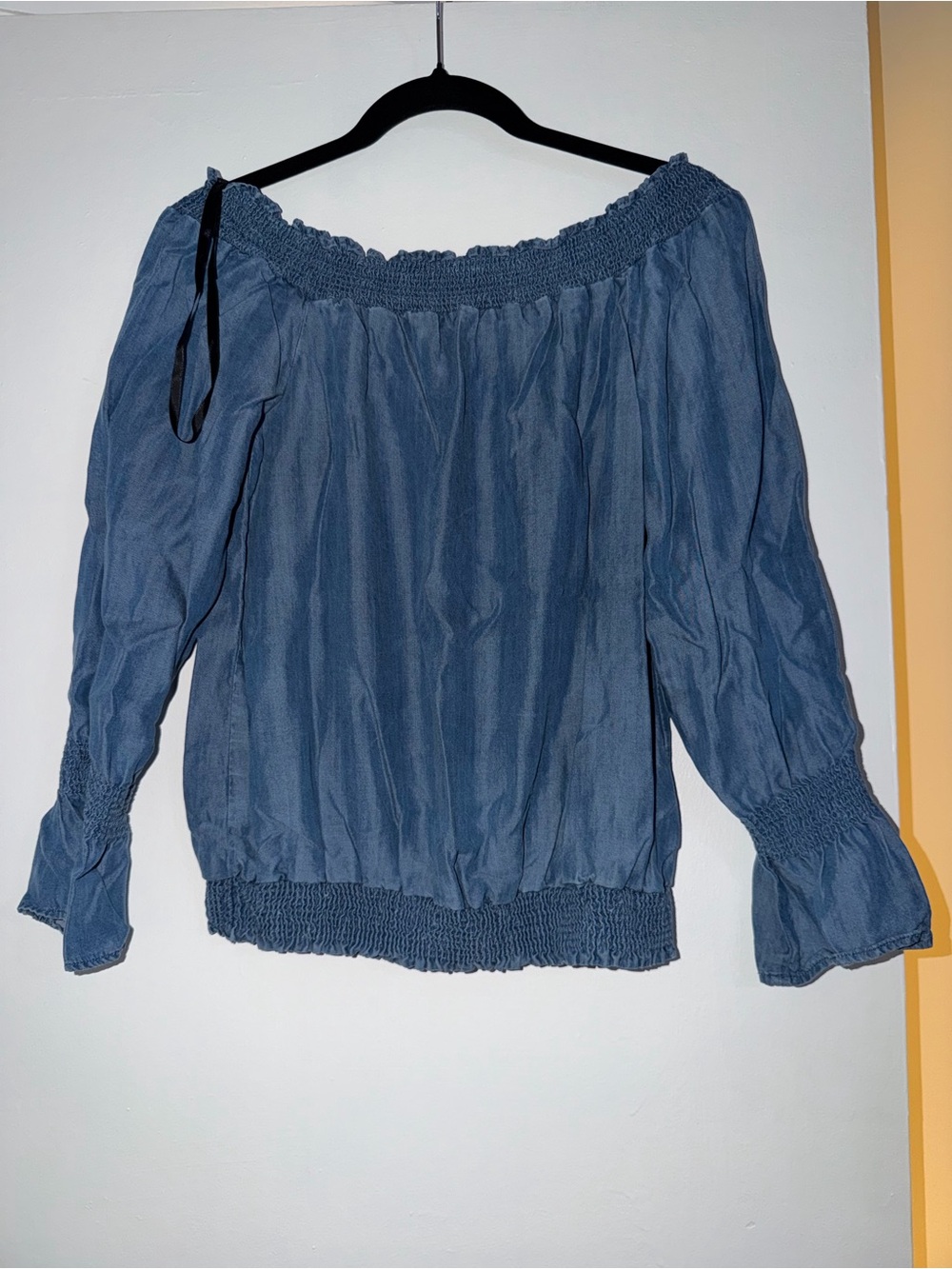 bebe Blue Off-Shoulder Smocked Hem & Cuffs Blouse